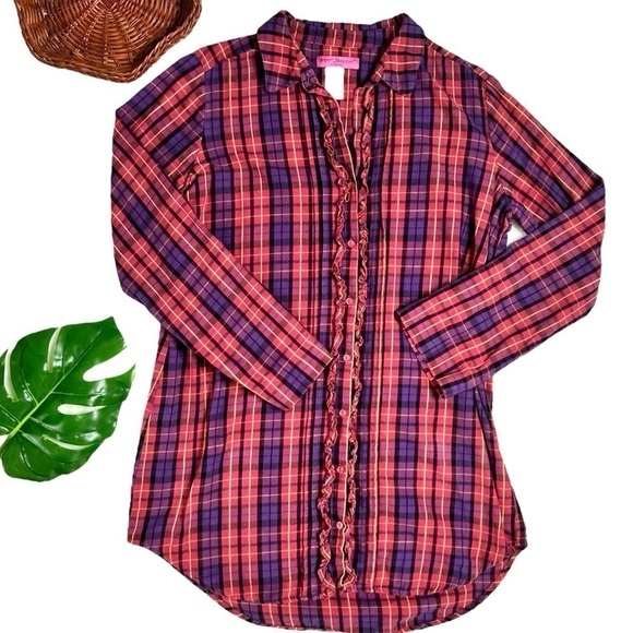 Betsey Johnson Intimates Vintage Y2K Pink Purple Plaid Tunic Sleep Shirt Medium - Picture 11 of 11